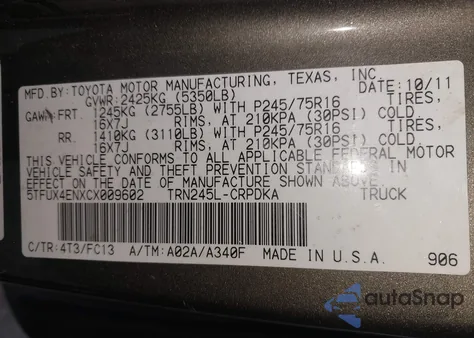 2012 Toyota Tacoma z USA, uszkodzony, nr VIN 5TFUX4ENXCX009602
